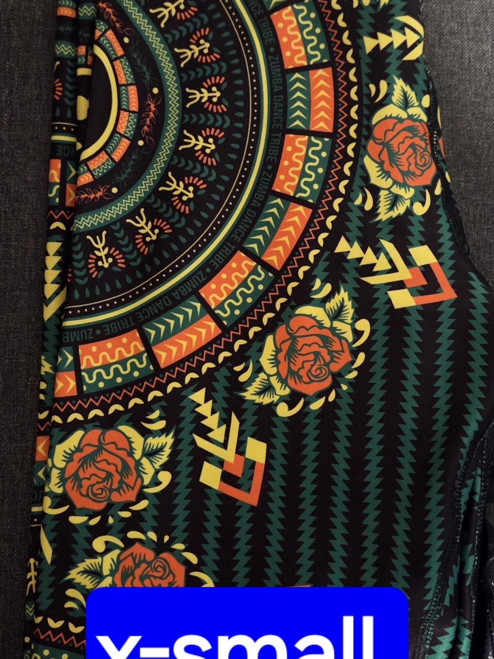 Zumba Fitness Black Leggings with Green, Yellow & Orange Mandala Print